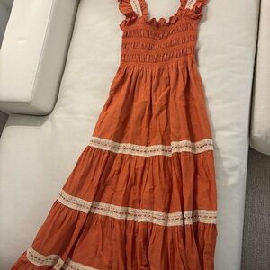 RIXO Orange Kids Dress with Lace Accents